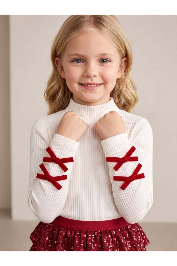 Girl's Cotton Ribbed Bow Detailed Blouse