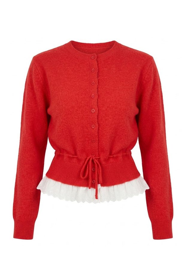 Guipure Detail Lace-Up Cardigan-Red Red