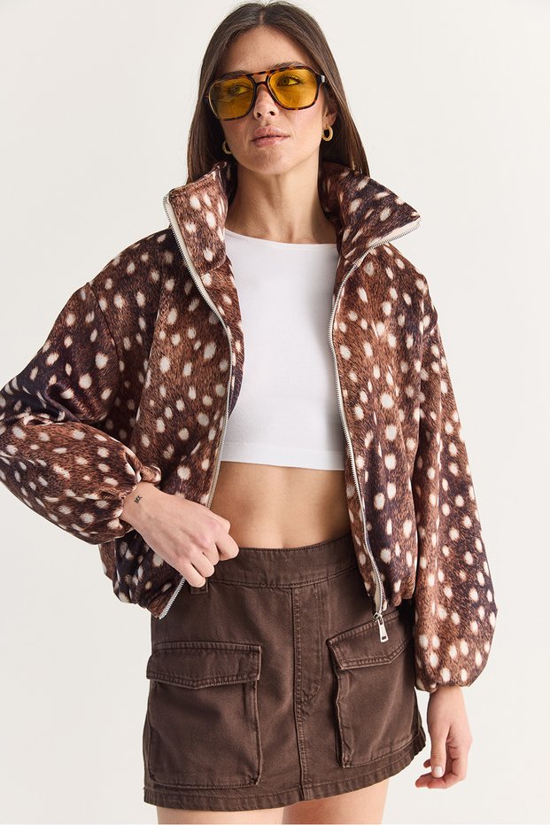 Women's Brown Suede Bambi Patterned Stand Collar Lined Pocket Detailed Rubber Bomber Jacket 5543 60286753