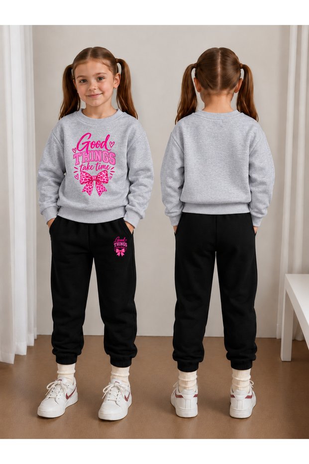 Sweatshirt Tracksuit Set for Girls, Crew Neck Printed 3 Yarn Threaded Winter Cotton Comfortable Fit Set