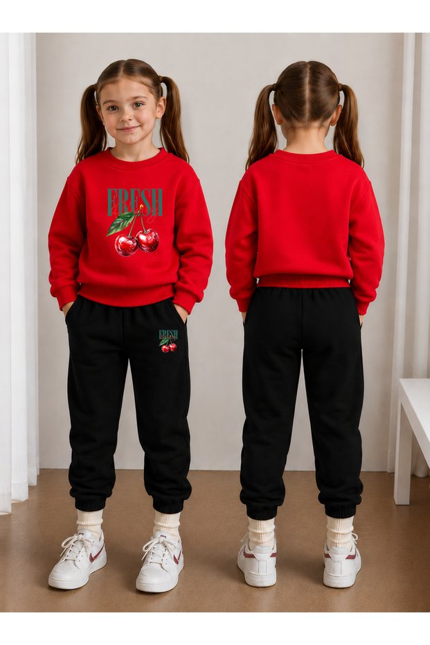 Sweatshirt Tracksuit Set for Girls, Crew Neck Printed 3 Yarn Threaded Winter Cotton Comfortable Fit Set