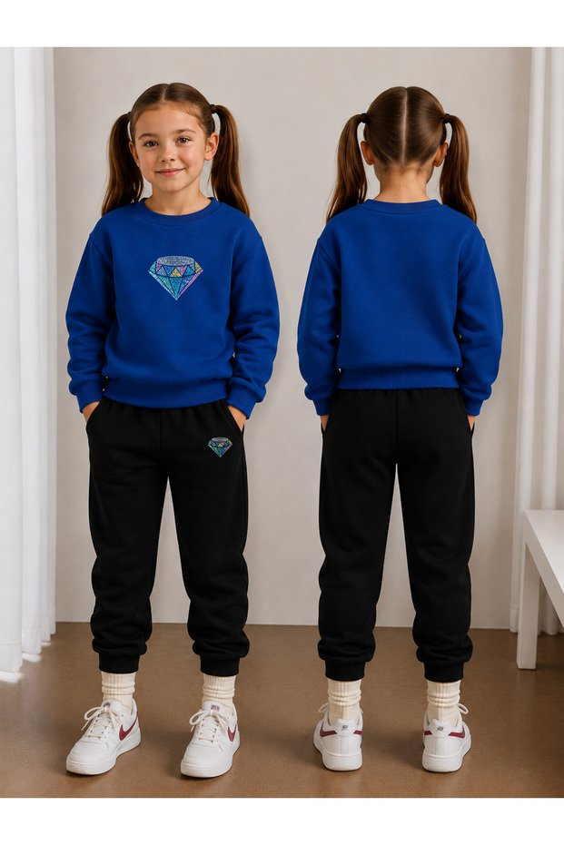 Sweatshirt Tracksuit Set for Girls, Crew Neck Printed 3 Yarn Threaded Winter Cotton Comfortable Fit Set