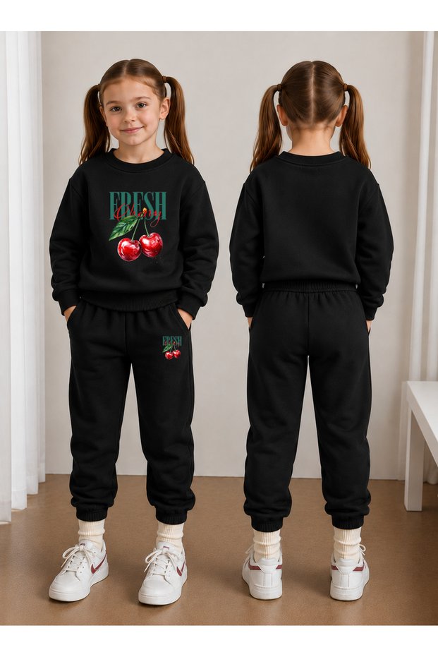 Sweatshirt Tracksuit Set for Girls, Crew Neck Printed 3 Yarn Threaded Winter Cotton Comfortable Fit Set