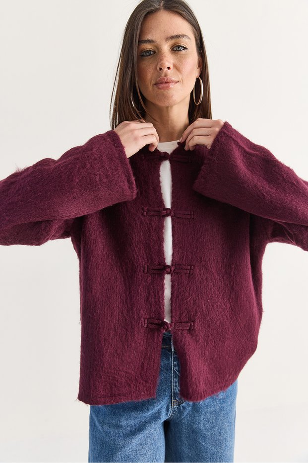Women's Purple Chinese Button Detailed Stand Collar Soft Textured Knitwear Cardigan 9123 60286735