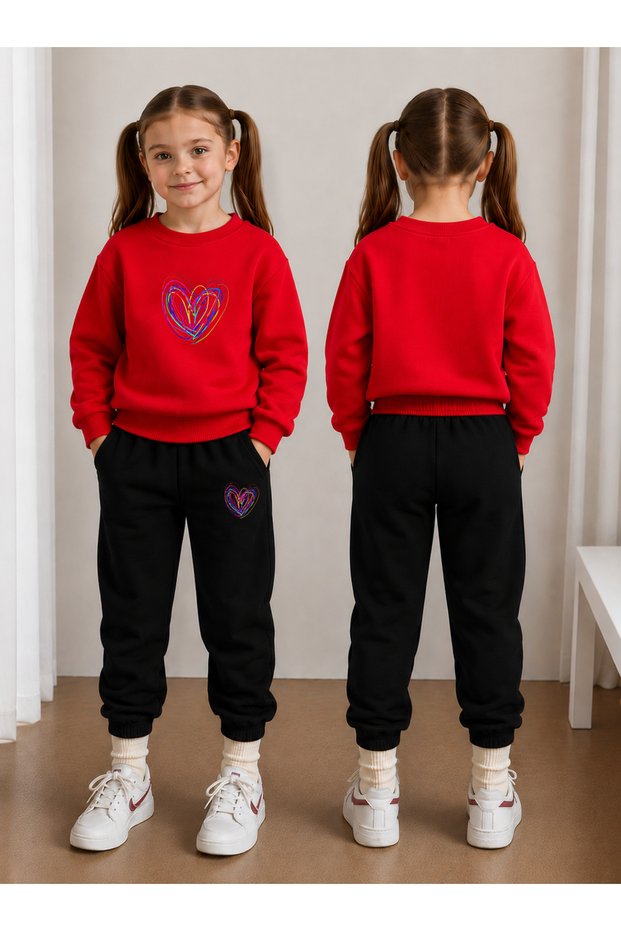 Sweatshirt Tracksuit Set for Girls, Crew Neck Printed 3 Yarn Threaded Winter Cotton Comfortable Fit Set
