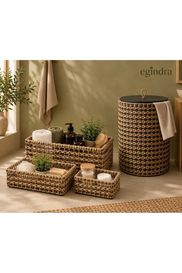 Metal Wire Mesh 4-Piece Organizer Basket Set with Hand-Knitted Wooden Cover