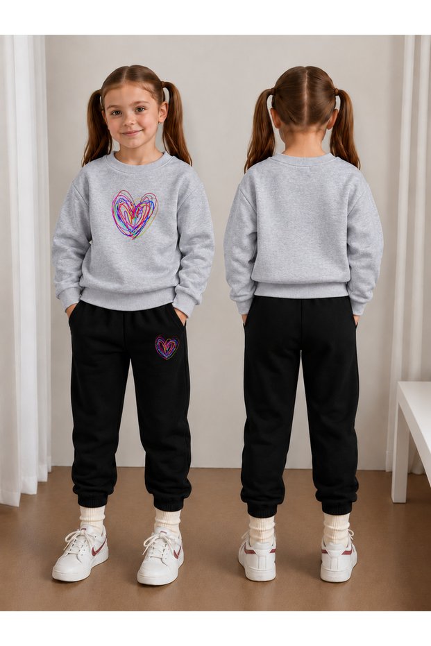 Sweatshirt Tracksuit Set for Girls, Crew Neck Printed 3 Yarn Threaded Winter Cotton Comfortable Fit Set