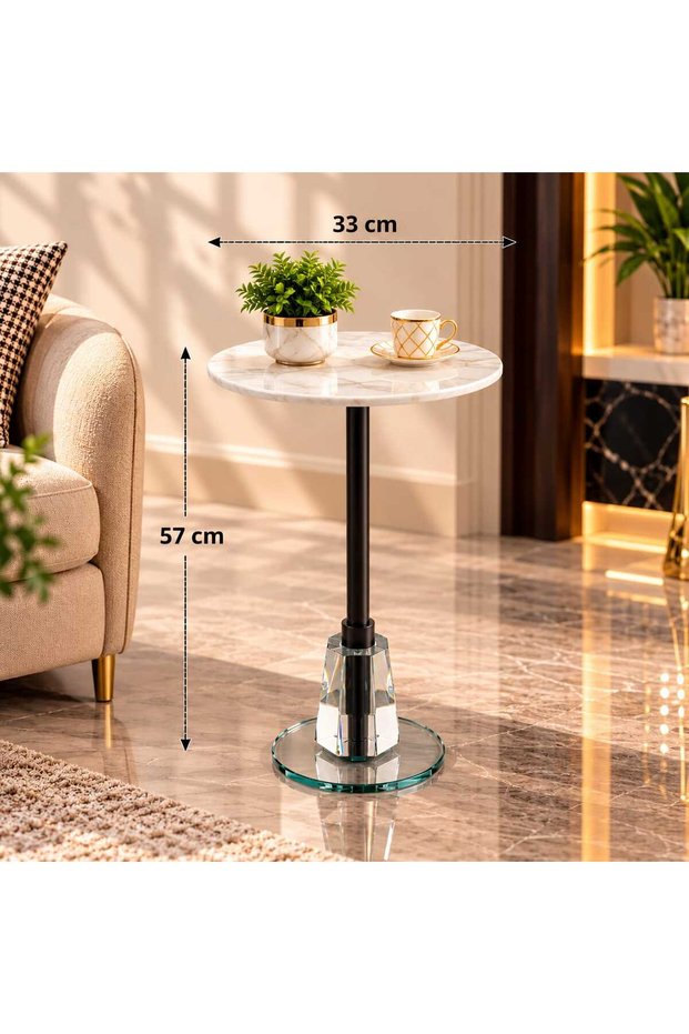 Round Marble Side Service Table with Crystal Base