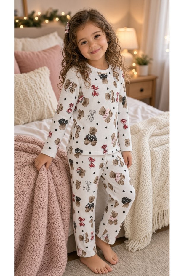 Girl's Pajama Set, Knitted, Reportered, Teddy Bear Patterned, Soft, Comfortable, Long Sleeve Set