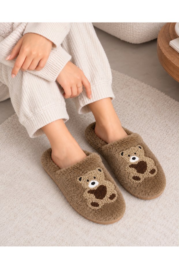 Women's Brown Teddy Bear Embroidered Plush Furry Comfortable House Slippers
