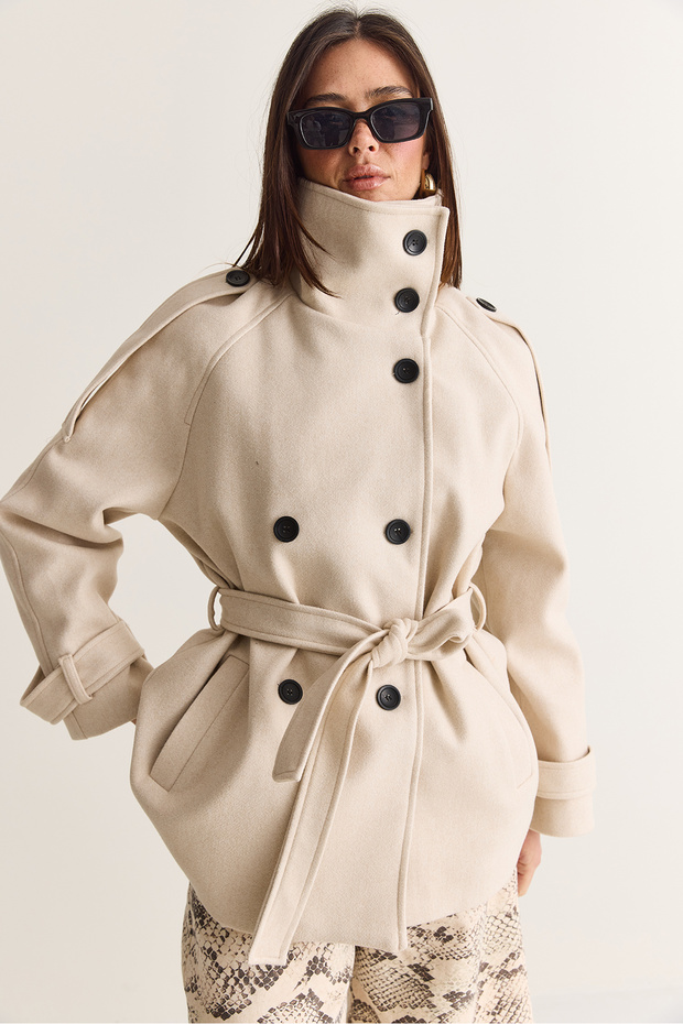 Women's Cream Stand Collar Belted Double Breasted Buttoned Lined Pocket Detailed Cashmere Coat 5295 60286751