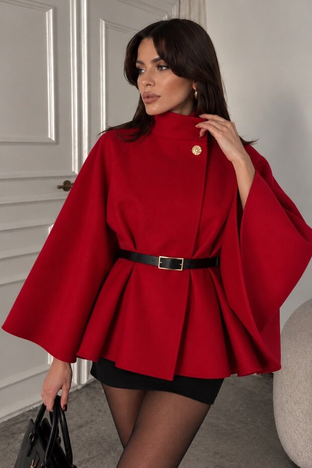 Women's Stand Collar Belted Oversized Poncho with Button Detail
