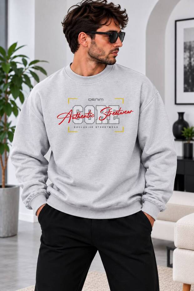 Unisex Printed Oversize Thick 2 Thread Ribbed Crew Neck Sweatshirt