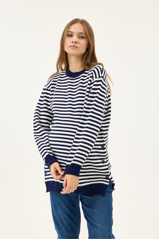 Maternity Striped Sweater, Detailed with Openable Buttons on the Sides (Navy Blue)
