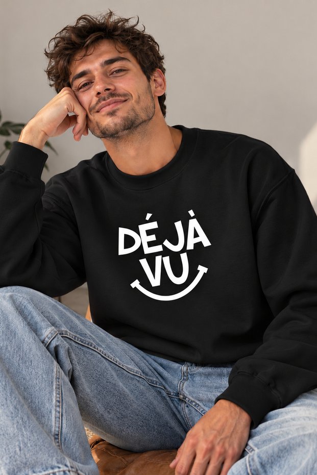 Unisex Oversize Sweatshirt with Deja Vu Written Smile Detail – Crew Neck Casual Daily Sweatshirt