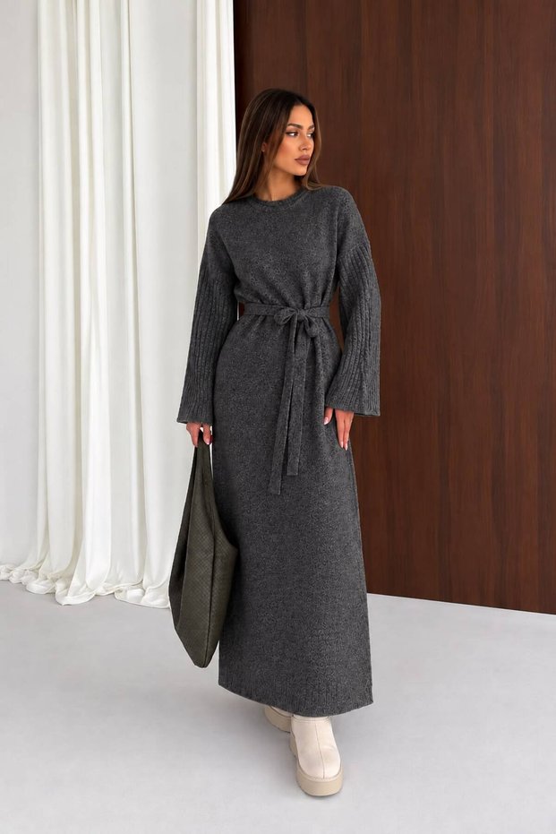 Women's Crew Neck Knitwear Dress with Tie at the Waist, Long Sleeves, Midi Length, Stylish Dress with Knit Detail, 140 cm