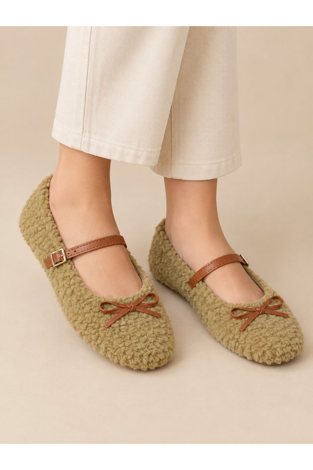 Soft Flexible Women's Home Slippers Winter Home Shoes Slippers Dowry Bundle Promise Engagement Shoes (Warm Home and Outdoor Slippers with Belt and Bow Detail)