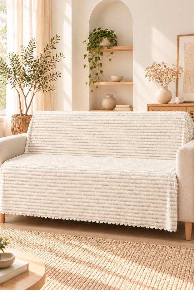 Striped Plush Textured Sofa Cover |   175X215 cm |   Non-Slip Sole |   Soft, Modern and Stylish Design