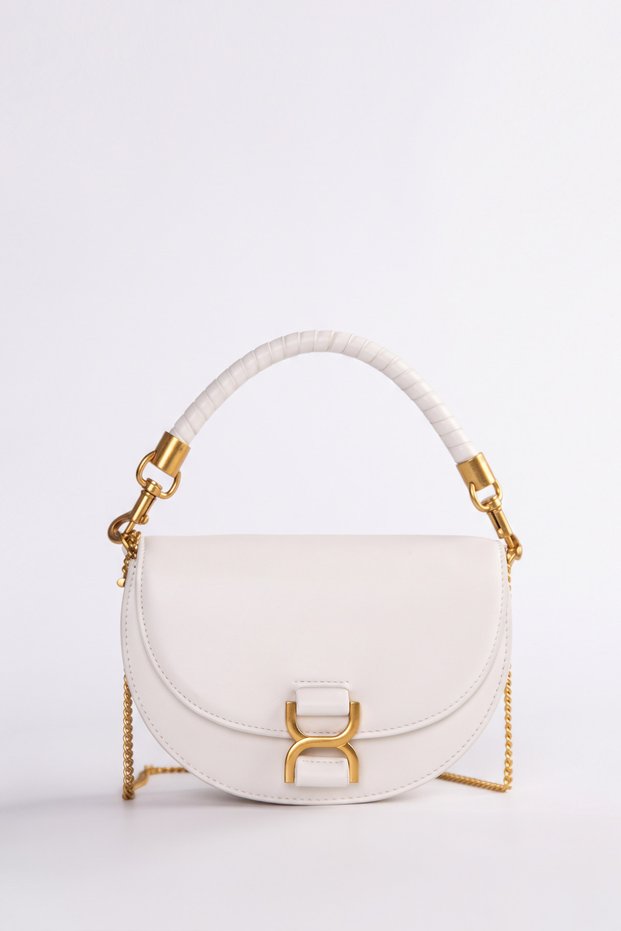White Oval Design Women's Hand and Shoulder Bag with Chain Strap Detail