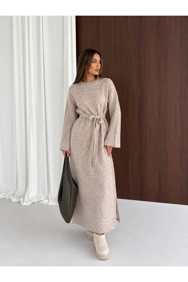 Women's Crew Neck Knitwear Dress with Tie at the Waist, Long Sleeves, Midi Length, Stylish Dress with Knit Detail, 140 cm