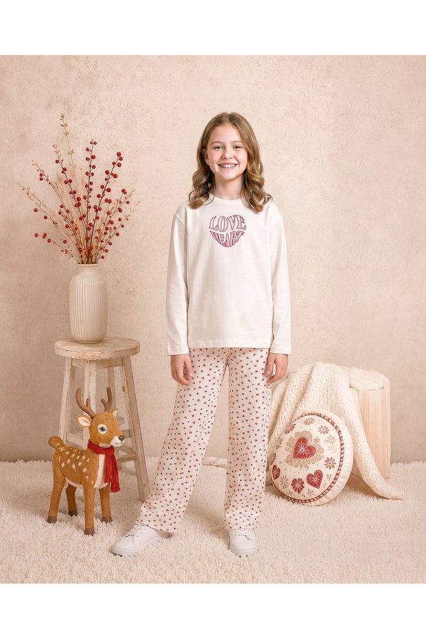 Girls & Teenagers Winter Seasonal Cotton Single Jersey Love Heart Heart Printed Straight Leg Long Sleeve Pajama Set Ecru