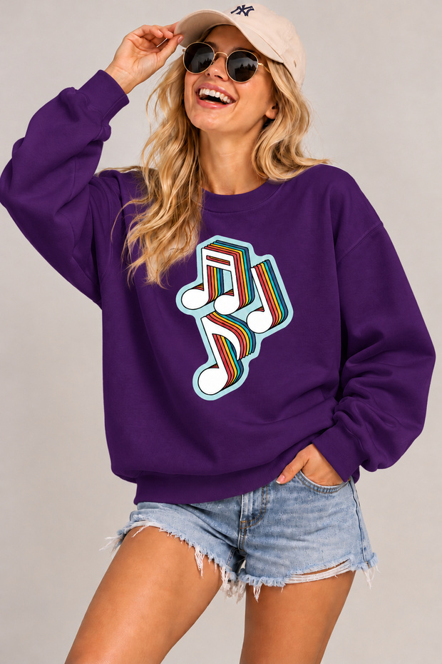 Retro Music Notes Printed Unisex Oversize Sweatshirt – Crew Neck Casual Sweatshirt