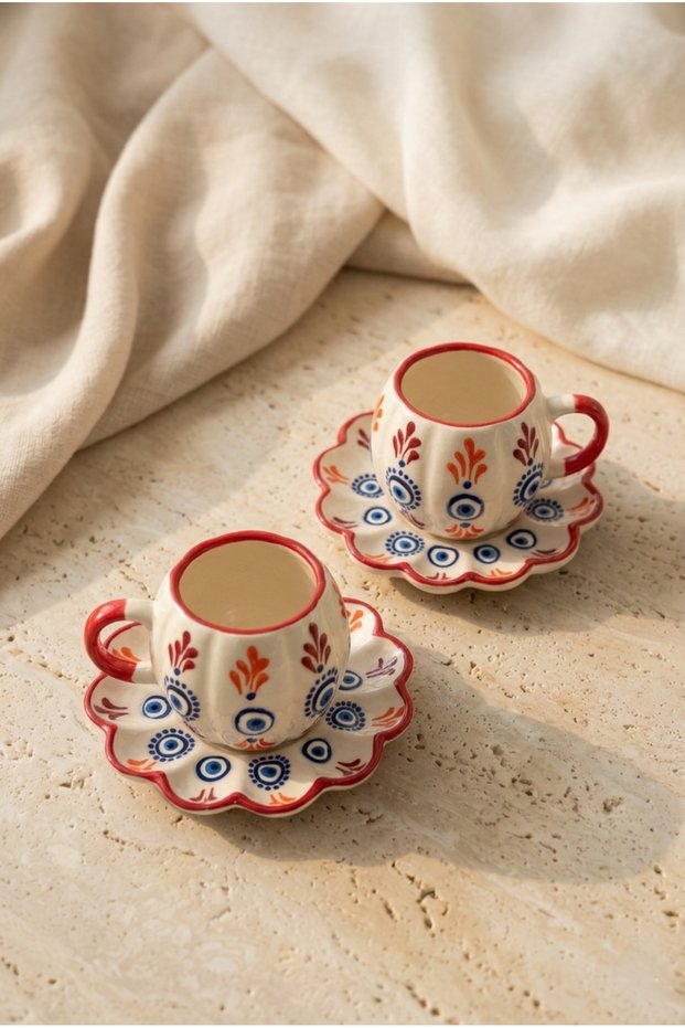 Hand-Painted Evil Eye Motif Ceramic Turkish Coffee Cup Set for 2 People - Special Design Gift Coffee Cup with Wavy Plate