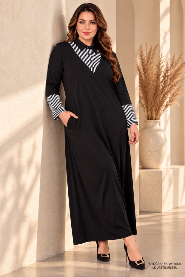 Women's Black Collared Sleeve Striped Shirt Detail Pocket Long Sleeve Stretchy Viscose Maxi Dress