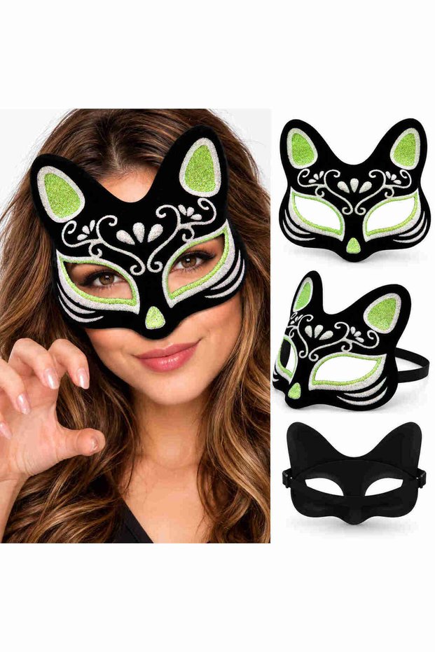 Velvet Textured Black Cat Mask with Green Silver Glitter Pattern