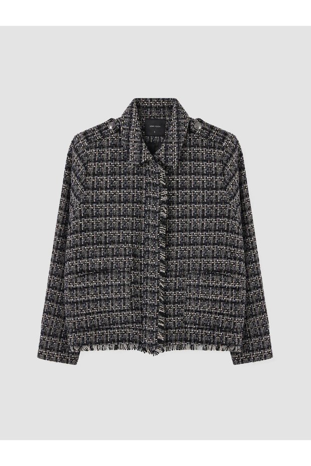 Navy Blue Plaid Women's Tweed Jacket