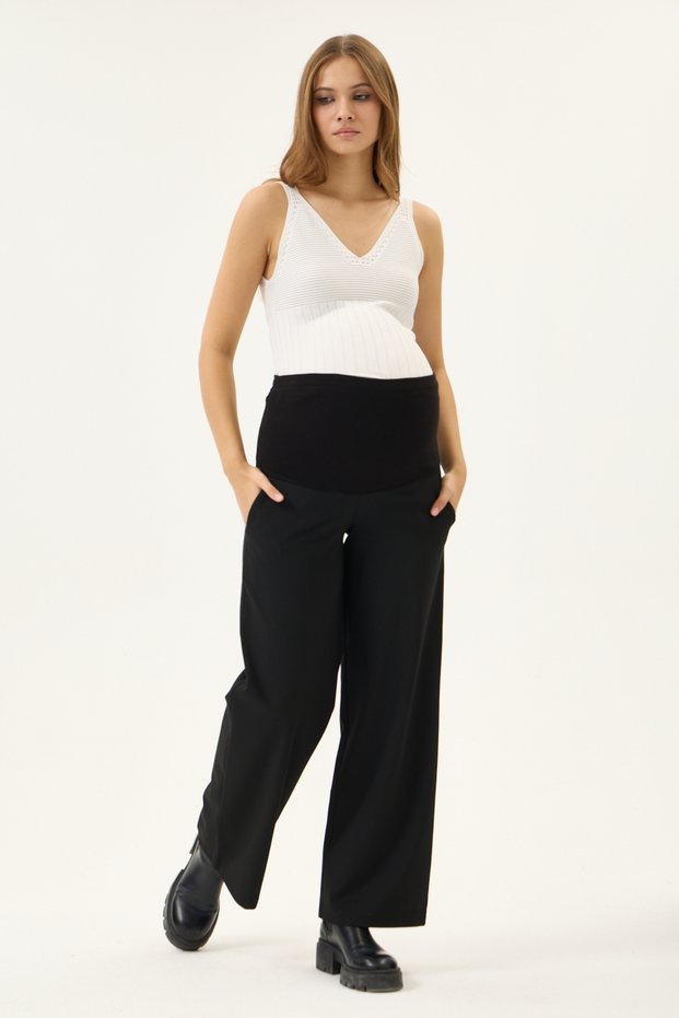 Maternity Wide-Leg Gabardine Fabric Pants, Elastic Waist and Adjustable (Black)
