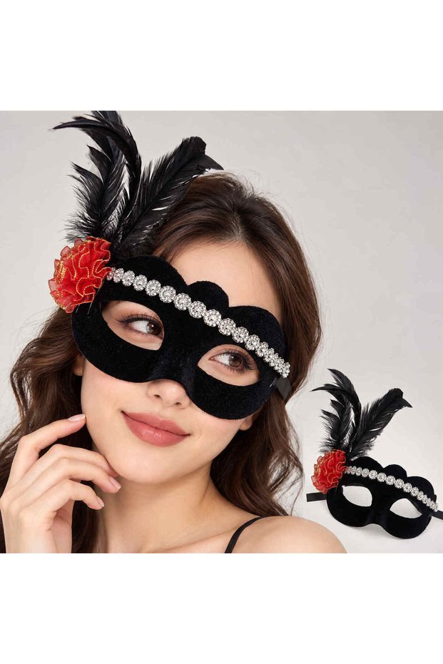 Black Velvet Silver Striped Feathered Venetian Mask – with Red Bow