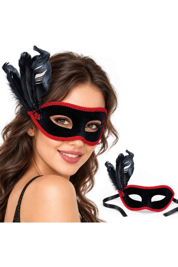 Black Velvet Red Side Feathered Venetian Mask