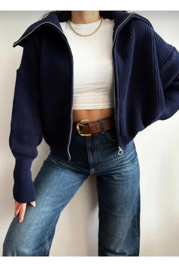 Navy Shawl Collar Zip-Up Knit Cardigan