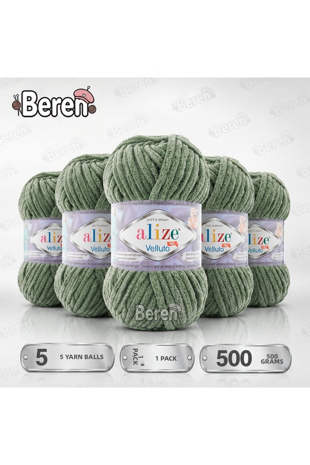 Velvet Textured Yarn - 5 Pieces - 03 Green - Knitting Wool - Amigurumi-Blanket-Soft Textured Velvet Yarn
