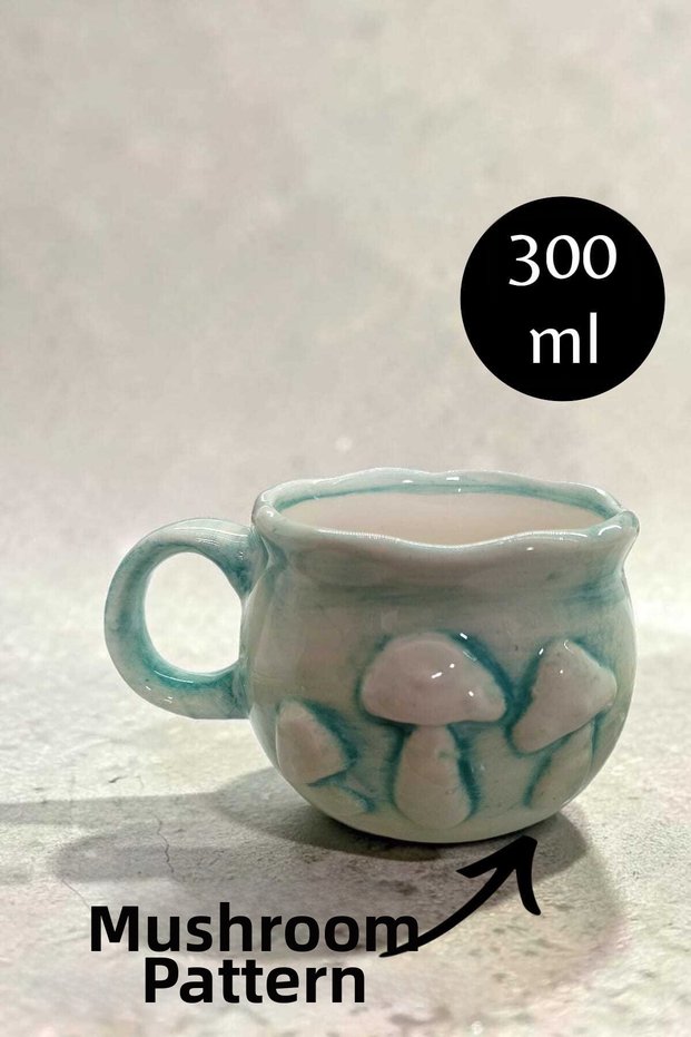 Mantar Embossed -Turquoise -300 ml Handmade Ceramic Mug Cup-Gift Coffee Tea Hot Cold Cup