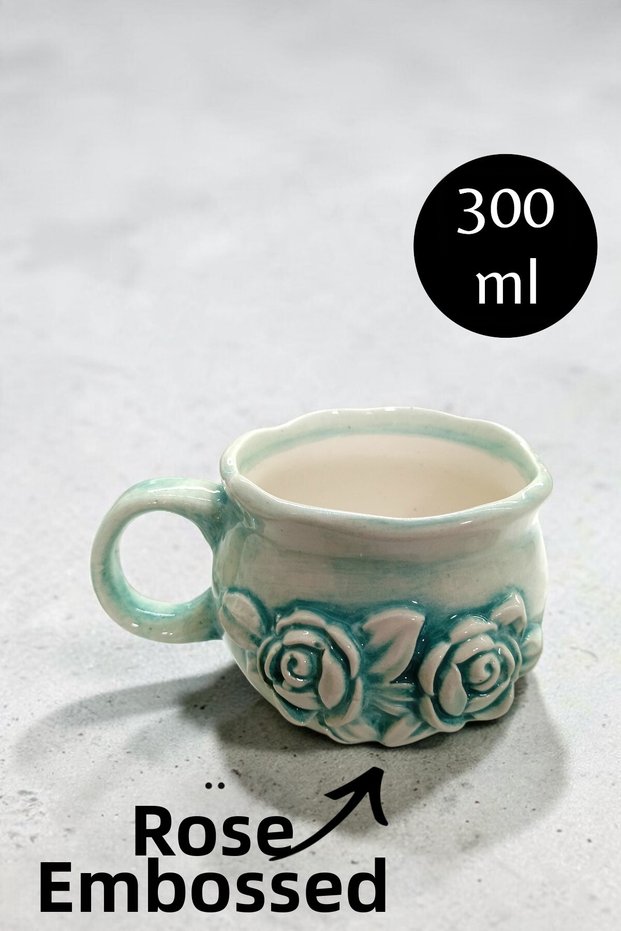 Rose Embossed -Turquoise -300 ml Handmade Ceramic Mug Cup-Gift Coffee Tea Hot Cold Cup