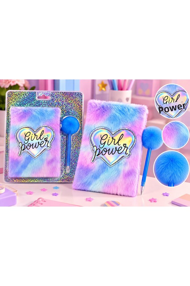 Cuties Candy Plush Scrapbook and Pompom Pen Set – Featuring Stars, Hearts, and Adorable Patterns