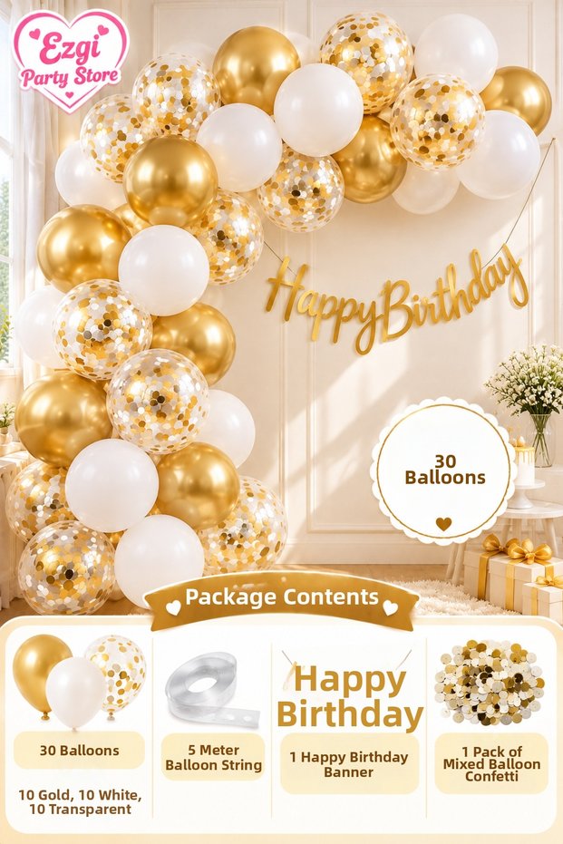 Gold White Transparent Balloon Chain Set Happy Birthday Birthday Concept Birthday Celebration Party Set Balloon Decoration Party Supplies
