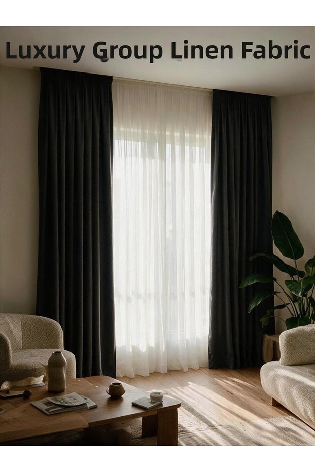 Anthracite 100% Linen Background Curtain 1. Quality Draped Fabric, Non-Pleated, Extrafoam, Gathered, Ready to Use (1 Piece, Single Wing)