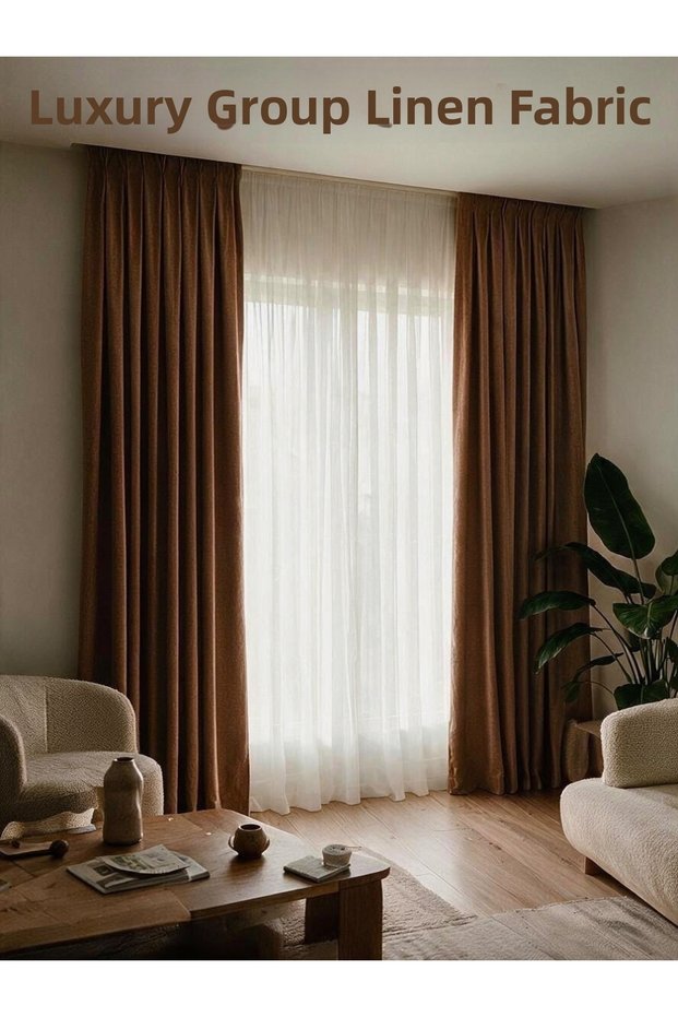 Milky Brown 100% Linen Background Curtain 1. Quality Draped Fabric, Non-Pleated, Extrafoam, Gathered, Ready to Use (1 Piece, Single Wing)