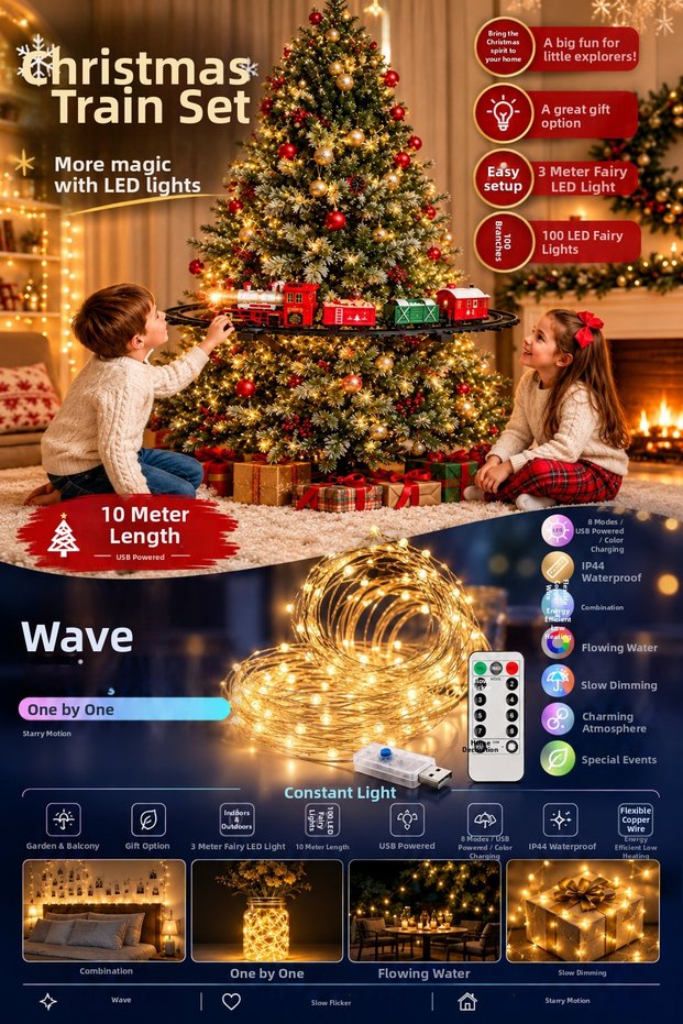 Lighted and Sound-Activated Train Set Connected to the Christmas Tree – 10 Meters, 8 Modes, Remote Controlled Led, Musical Christmas Train