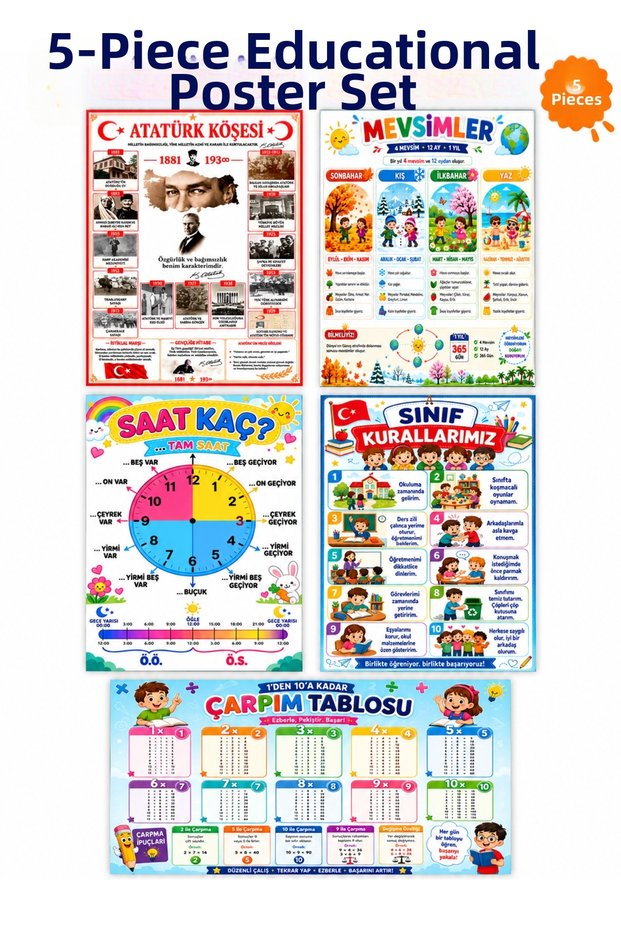 Set of 5 for Schools, Ataturk Corner (50X70), Classroom Rules (50X70), Seasons (50X70), Time Measurements (50X70), Multiplication Table (70X100) Vinyl Canvas Thin