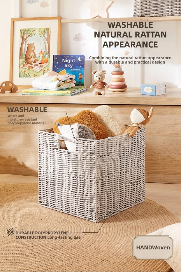 Children's Room Washable Gray Pp Rattan Closet Laundry Toy Organizer Storage Basket Organizer 33X33X33