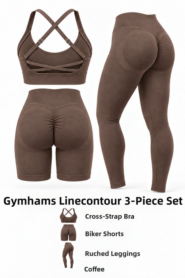 Linecontour Women's 3-Piece Seamless Sports Set (Cross Adjustable Strap Padded Bra - Gathered Push up Leggings - Biker Gathered Shorts)
