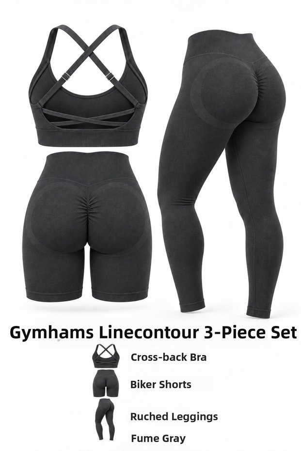 Linecontour Women's 3-Piece Seamless Sports Set (Cross Adjustable Strap Padded Bra - Gathered Push up Leggings - Biker Gathered Shorts)