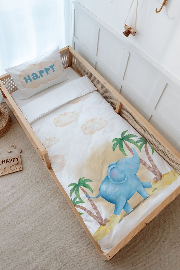 Montessori Duvet Cover and Fitted Sheet Set - Pure Baby Series - Cute Elephant