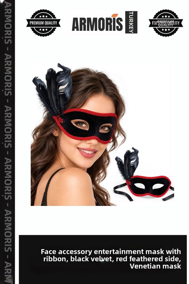 Face Accessory Entertainment Accessory Ribboned Product Black Velvet Red Piping Venetian Mask with Side Feathers