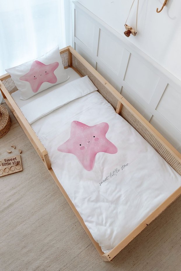 Single Duvet Cover and Fitted Sheet Set - Pure Baby Series - Fluffy Pink Star