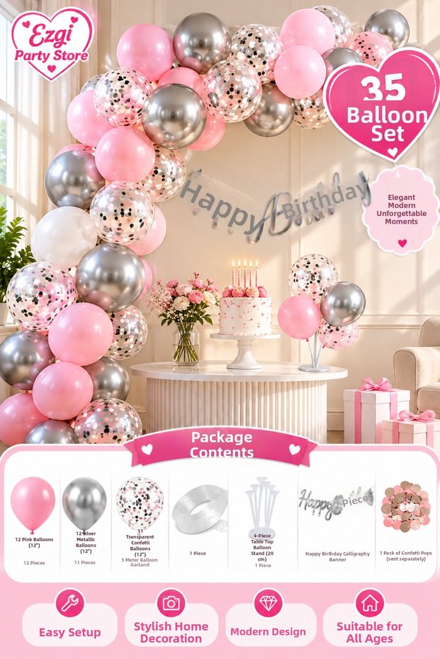 Macaron Pink Silver Transparent Balloon Chain Set Happy Birthday Birthday Concept Birthday Celebration Party Set Balloon Decoration Party Supplies